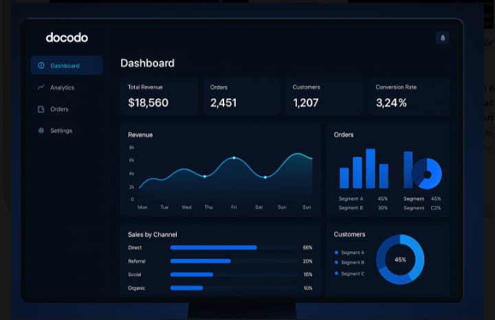 Docodo dashboard showing real-time metrics with revenue charts, orders data, and customer analytics